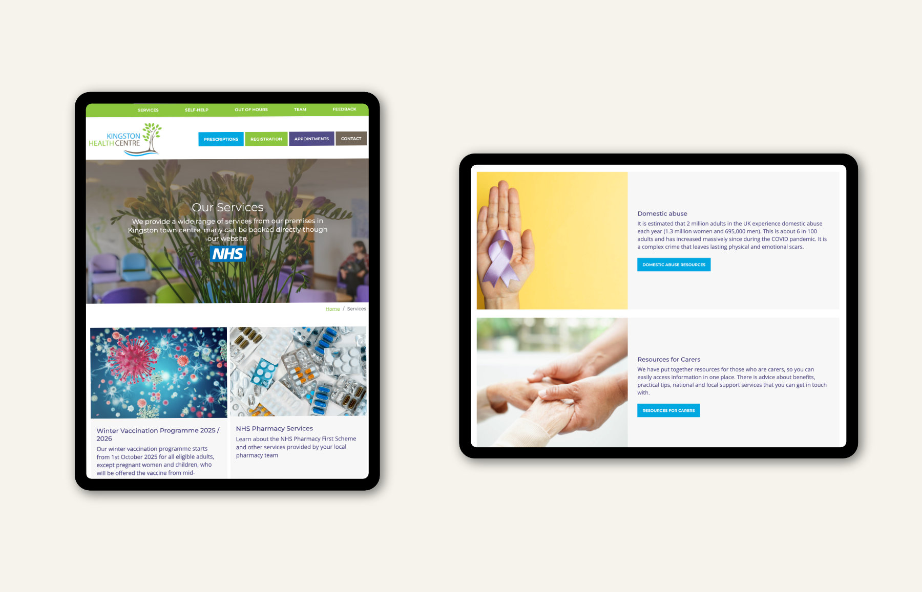 two ipad mockups of the kingston psychology health centre NHS GP practice website