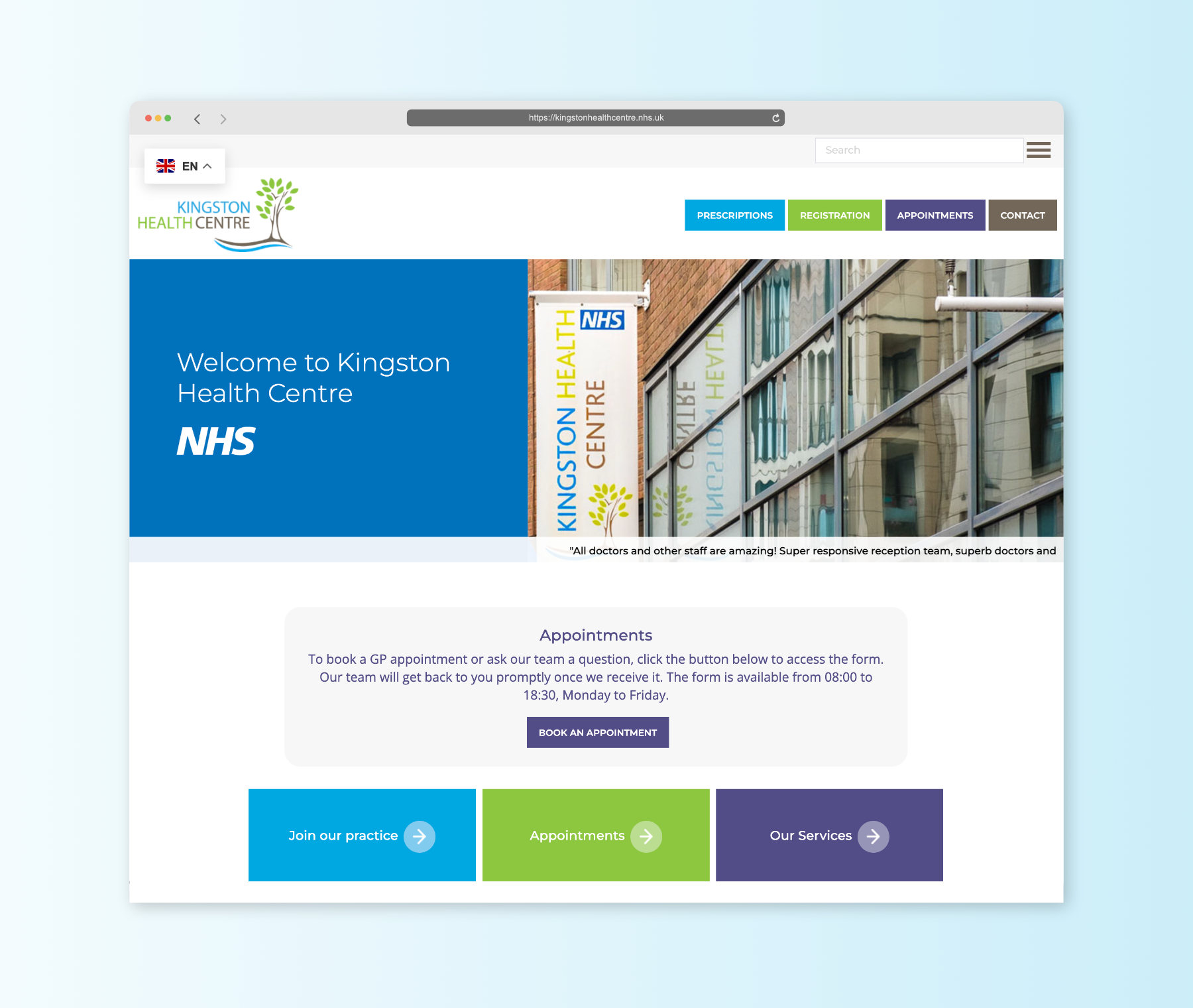 mockup of the wordpress website for kingston health centre GP clinic