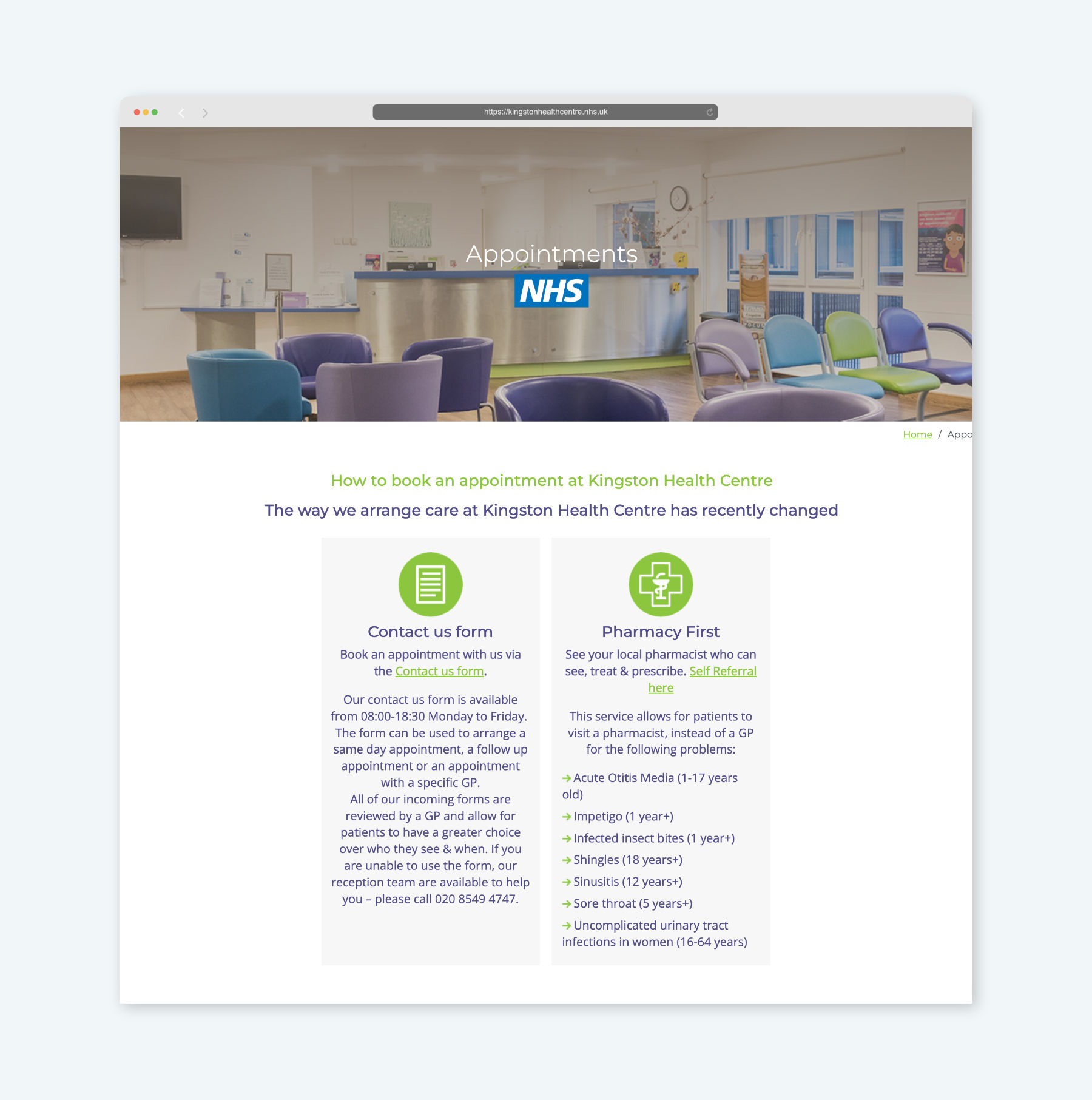 mockup of appointments page of health centre website