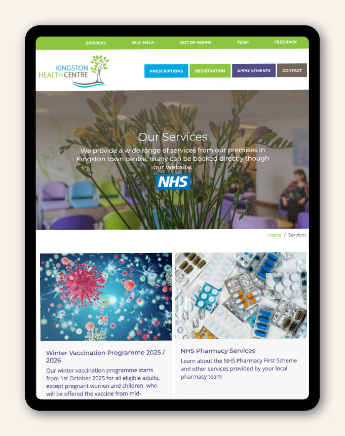 ipad mockup of services page of health centre website