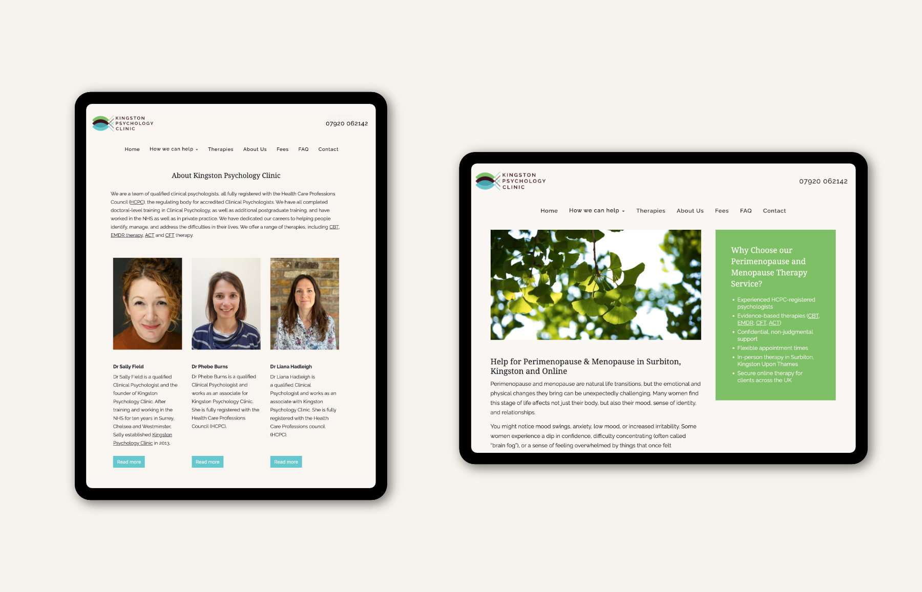 two ipad mockups of the kingston psychology clinic website