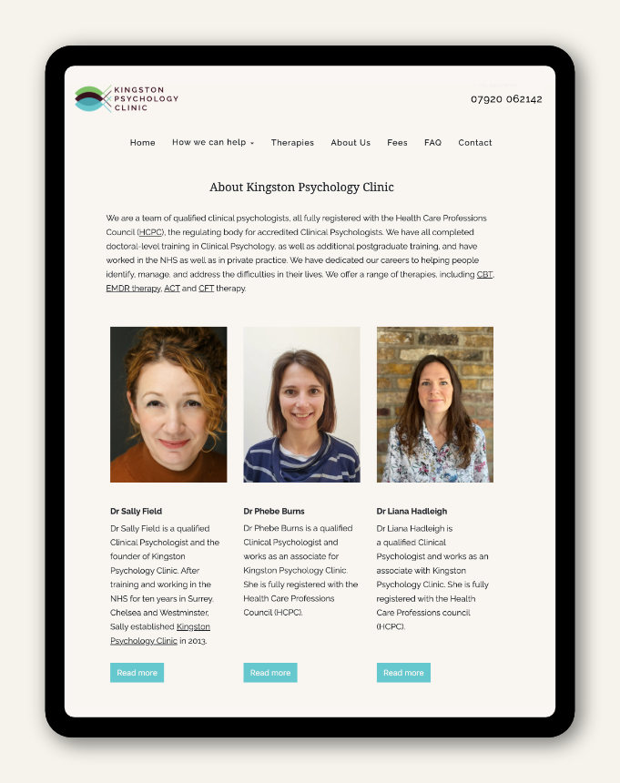 ipad mockup of team page of psychologists website