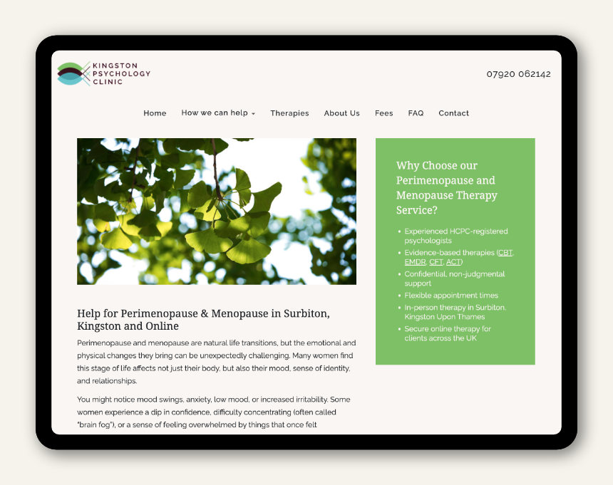 ipad mockup of wordpress website page of psychology clinic