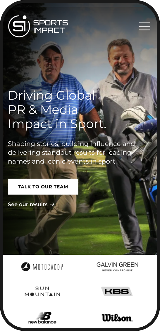 image of a phone mockup showing a mobile screen of a website for a company called Sports Impact, a UK based Sports PR company with global reach. Website designed by Nadja, a website designer with clients in Richmond, South West London and beyond